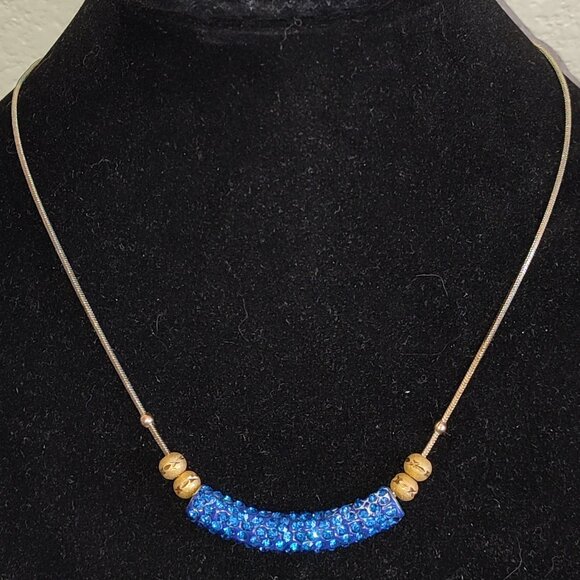 Blue Rhinestones Statement Necklace Vintage Gold Silver Academia - Picture 1 of 7